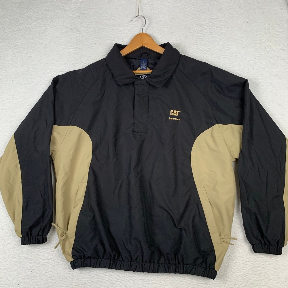 VTG Vantage Caterpillar CAT Windbreaker Pullover Jacket Mens L Black Tan Y2K